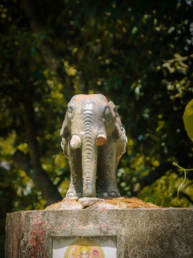 A vertical closeup shot of a small elephant decoration on a gate