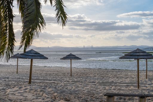 A beautiful shot of wooden beach umbrellas on an empty sandy beach under dusk cloudy sky