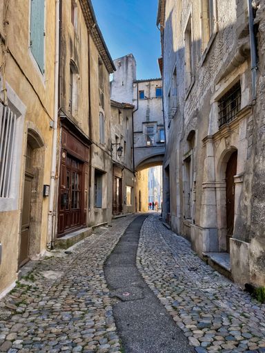 A vertical shot of an old alleyway with cobblestones in France