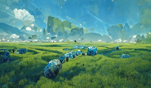 A beautiful painting of a green field with big stones surrounded by mountains