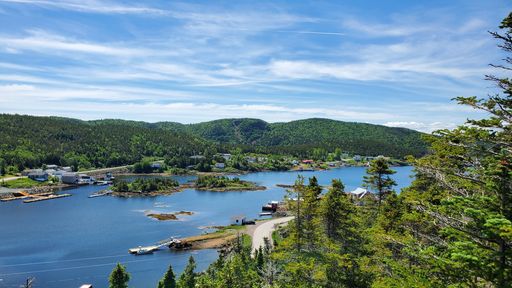 An aerial view of a sea lagoon, with green islands in the middle, surrounded by forested mountains, and clear blue sky in the background