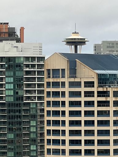 A vertical shot of the top of Space Needle among the modern buildings of Seattle, Washington, United States