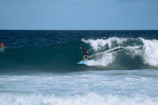 A surfer catching a wave at the beach on a sunny day at Manly Beach, Australia.