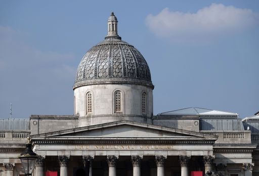 An aerial view of the National Gallery building facade in Trafalgar Square
