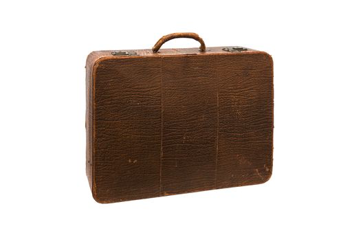 A brown Old leather vintage suitcase isolated on white backround