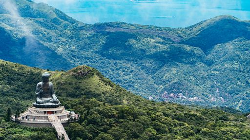 An aerial view of the enormous Tian Tan Buddha at Po Lin Monastery in Hong Kong