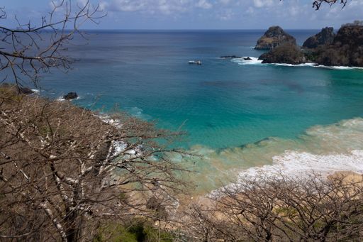An aerial view of Praia do Sancho beach in Fernando de Noronha archipelago, Pernambuco, Brazil