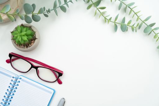 A top view of an open notebook and glasses on a white background with green plant and copy space