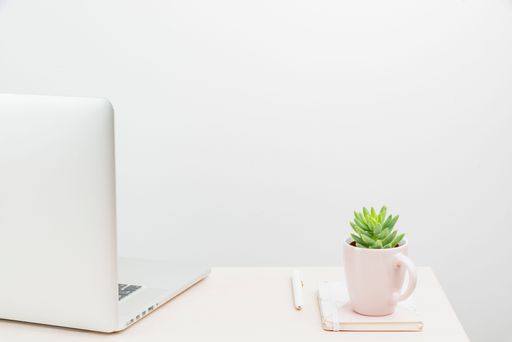 A tidy workplace with laptop,notes  and cactus in a mug on the table with a white background