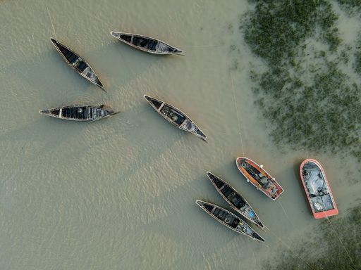 An aerial of boats sailing the Dhamakhali Sea, Chittagong Bangladesh