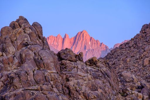 A beautiful landscape of Mount Whitney against the peak of Alabama, Lone Pine hills range