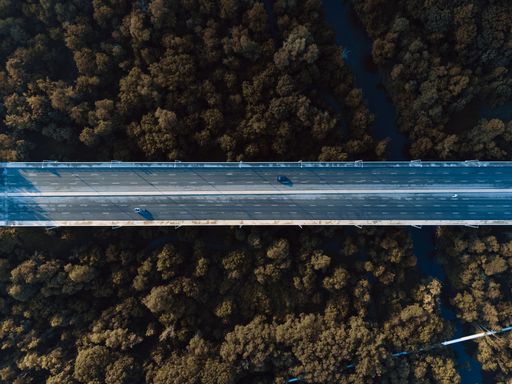 A bird's-eye view of a bridge with an asphalt road surrounded by trees during the summertime