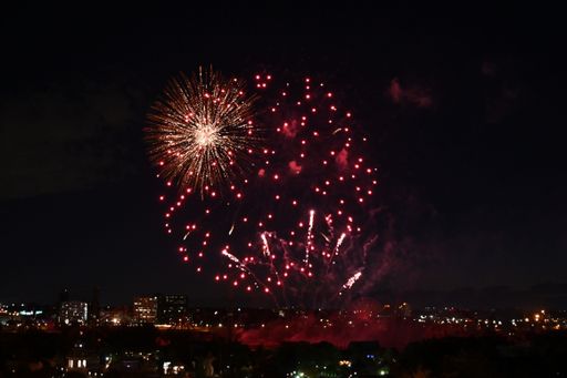 A beautiful view of red fireworks in the night sky