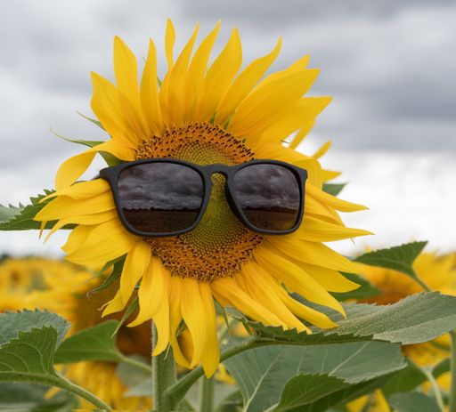 A selective focus shot of a sunflower wearing sunglasses in Badajoz, located in Extremadura, Spain