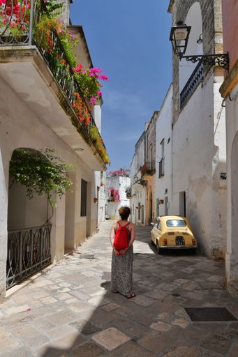 A street in the historic center of Specchia, a medieval town in the Puglia region, Italy.