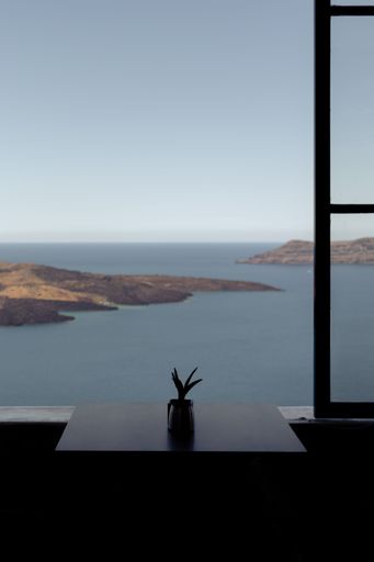 A vertical shot of a plant on a table and beautiful Santorini island in the background
