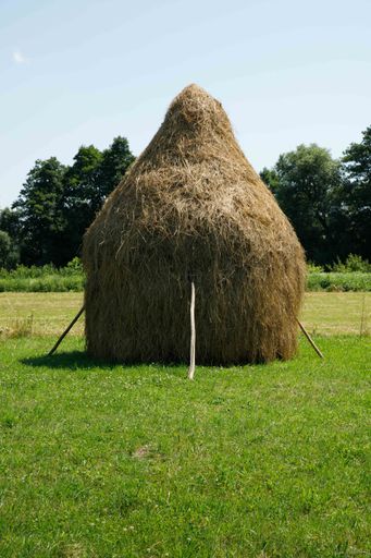 A vertical shot of a haystack on a meadow in central Ukraine