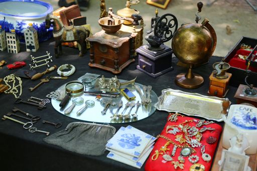 An Antique shop counter at the flea market in Bruges, Belgium