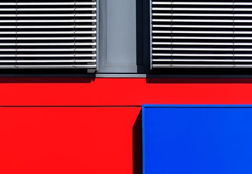 A shot of horizontal blinds with red and blue zones, background texture or wallpaper