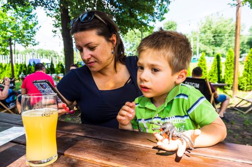 Woman with smartphone and young child with a toy spider sitting by a wooden table of a Bar A Boo restaurant