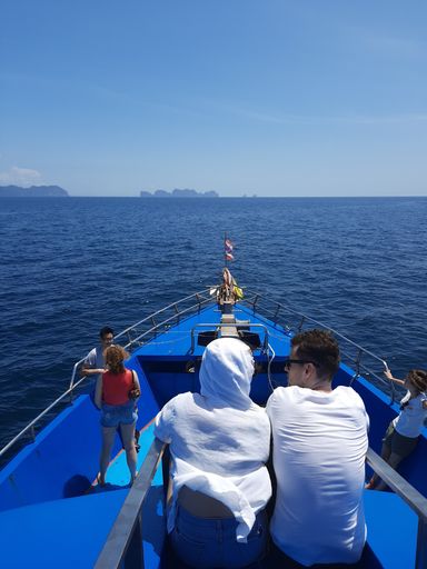 Phi Phi Island, Thaiiland on February 14, 2020: Tourist on a blue ferry from Phuket to Phi Phi Don