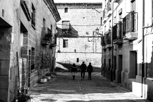 A grayscale shot of people walking down an alley