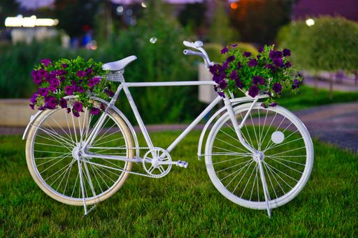 A white decorative bicycle with flower pots on a green lawn in a park