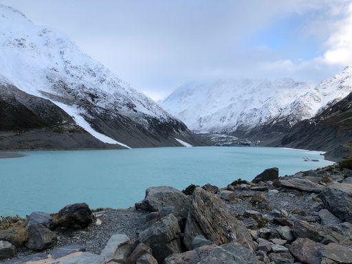 An aerial view of a beautiful lake near the mountains in winter