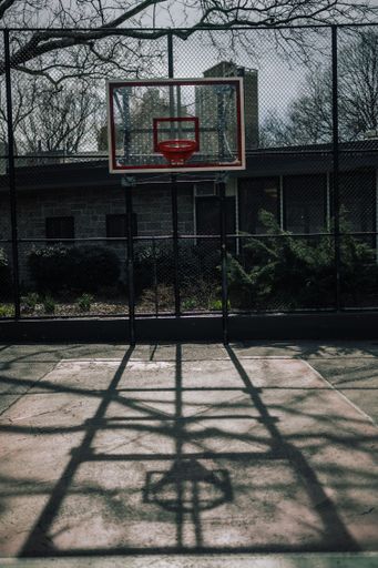 A vertical shot of a basketball hoop