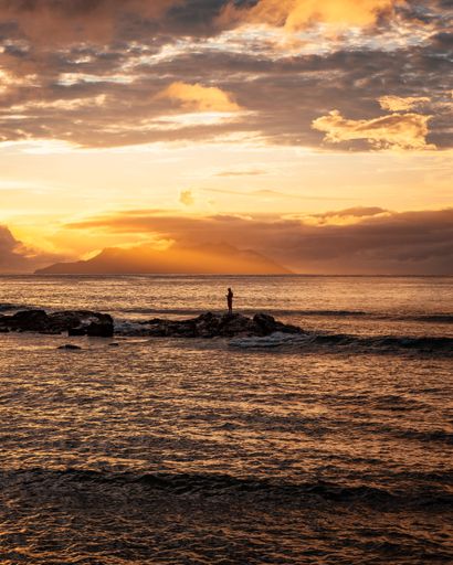 A vertical shot of a gorgeous sunset at sea with the silhouette of a man standing on rocks under a golden sky