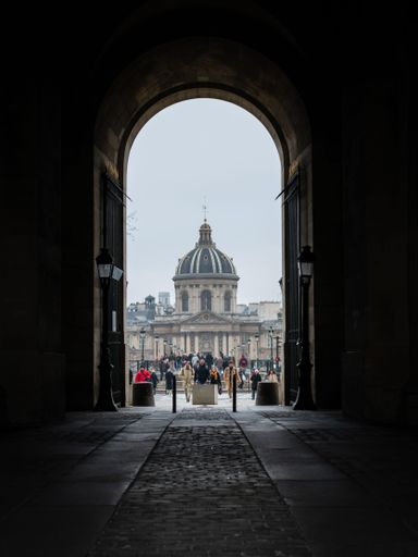 A vertical view from the Pont des Arts bridge with arc frame to the building of Institut de France