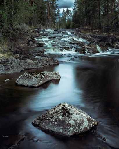 A vertical of a river flowing through a green forest shot in long exposure on a gloomy day