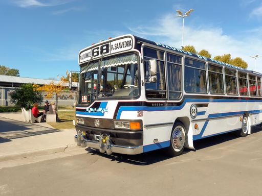 Mercedes Benz OH 1320 frontal bus 1997 public passenger transport in Buenos Aires. Traditional fileteado ornaments. Expo Fierro 2022 classic car show