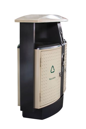 A vertical shot of a  outdoor litter bin isolated on white background