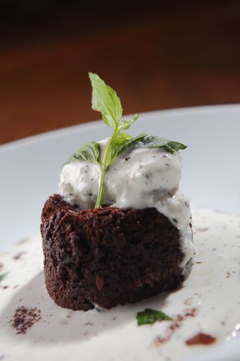 A selective focus shot of Chocolate and nut cake with vanilla ice cream