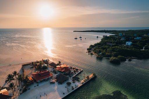 An aerial shot of the split at Caye Caulker with a scenic view of islands, Belize
