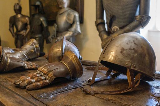 A closeup of different designs for soldier armor at Castle Clam in Muhlviertel, Austria