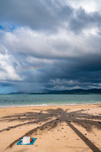 A vertical shot of the shadow of a coconut tree at a tropical beach paradise under a cloudy blue sky