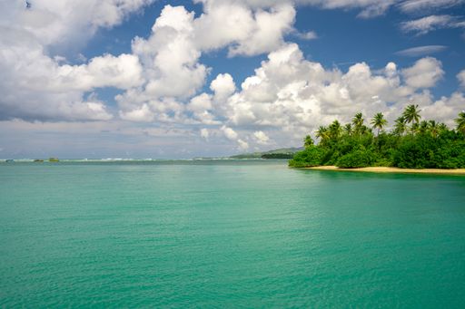 The sea surrounded by palm trees and hills under a blue cloudy sky and sunlight
