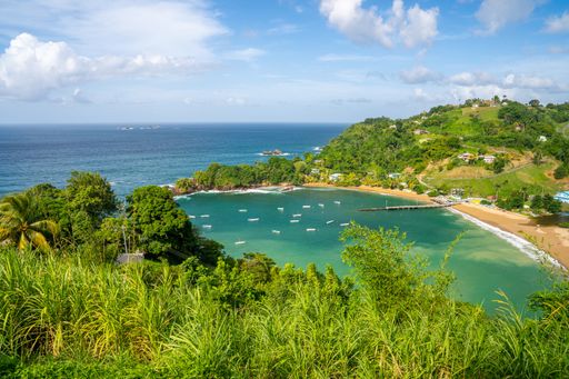 A landscape of the Parlatuvier bay surrounded by the sea under the sunlight in Trinidad and Tobago