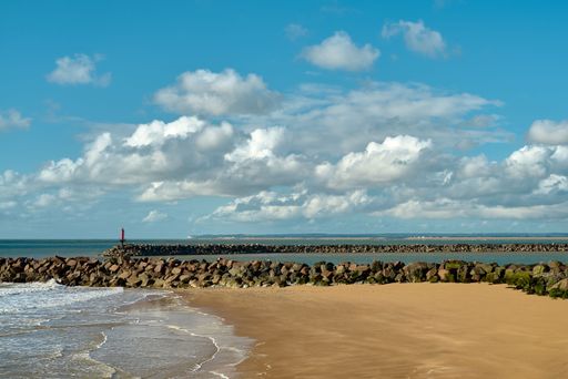 A scenic view of the sandy coast and blue wavy ocean on a sunny day