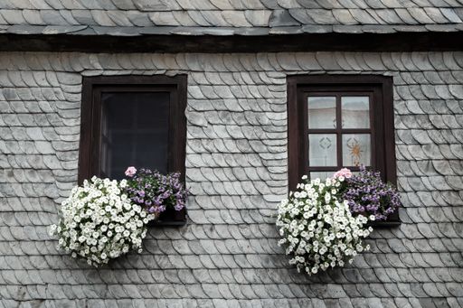 A beautiful shot of a house with flowers hanging on the wooden windows