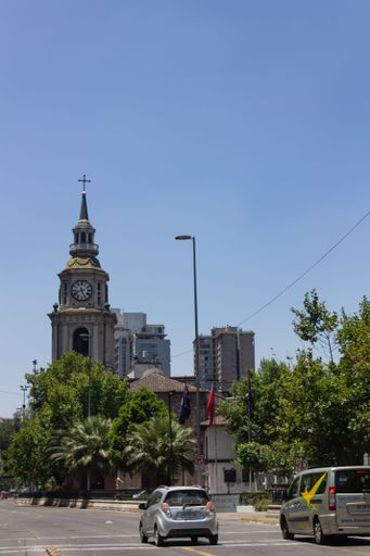 A vertical shot of San Francisco church bell tower in Santiago, Chile.