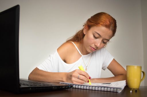 A closeup shot of a young female studying at home - study at home concept