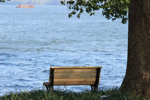 An empty small wooden bench at the coast of a lake