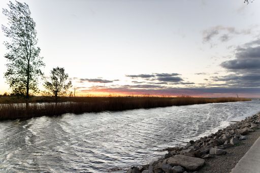 A scenic shot of a river next to a field with the orange sun setting on the horizon