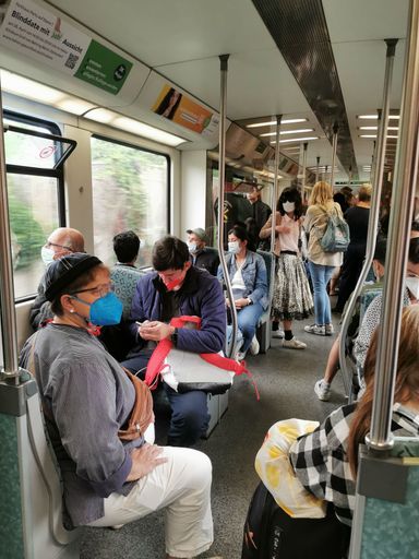 A vertical shot of the crowded train wagon in Berlin, Germany