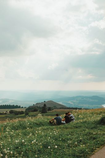 A vertical shot of the three men sitting on the grass in the green meadow