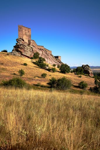 A vertical low angle shot of an ancient fortress in a field captured on a sunny day