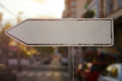 A closeup of a blank direction sign with an arrow to the left in a city at sundown